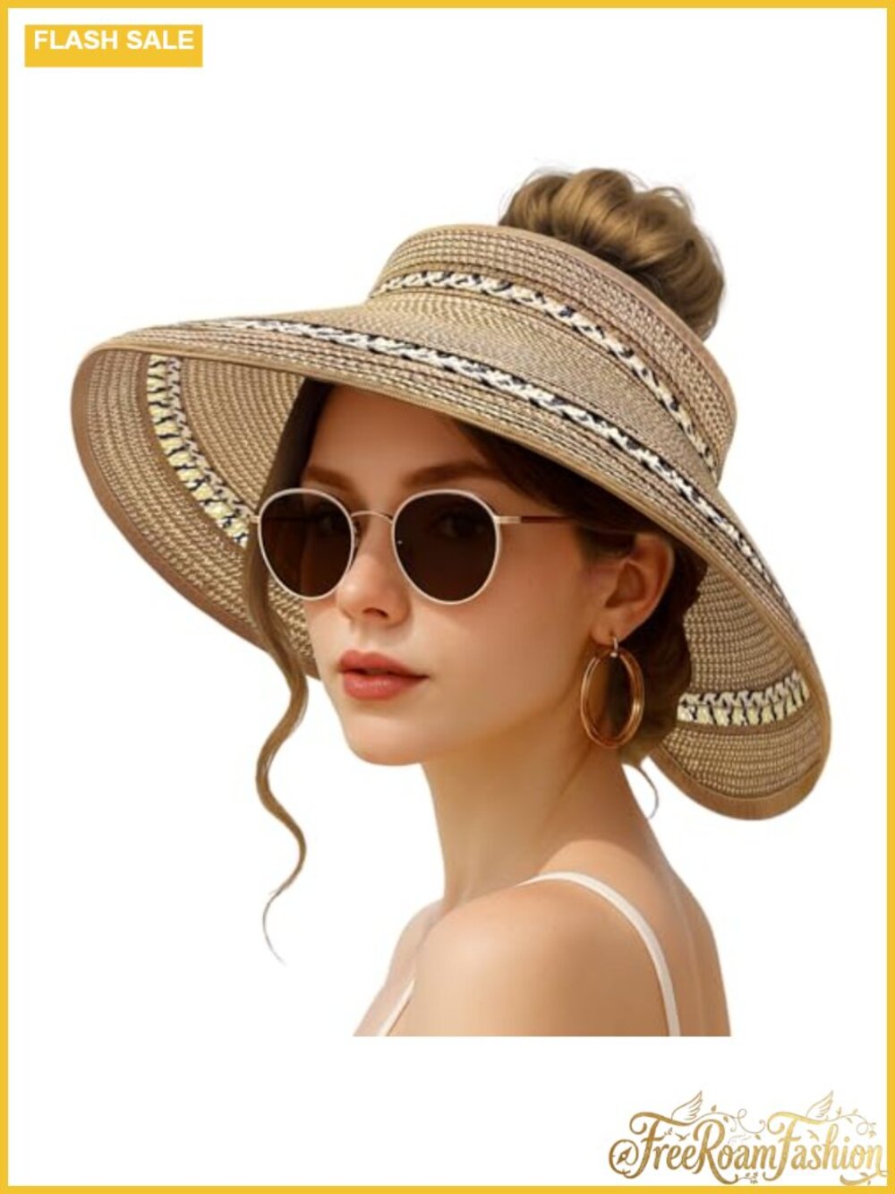 Wide Brim Straw Sun Hat Visor Ponytail UPF 50+ Foldable